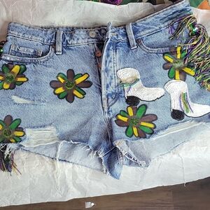 Upcycled Fringed Denim Shorts with Floral and Boot Design